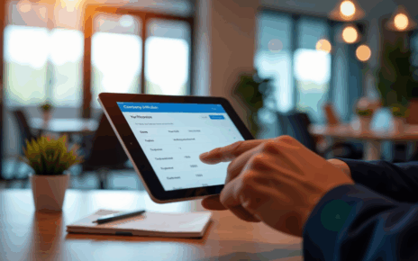 Osoba korzystająca z laptopa do wyszukiwania danych firmy po numerze NIP, weryfikacja kontrahentów online.