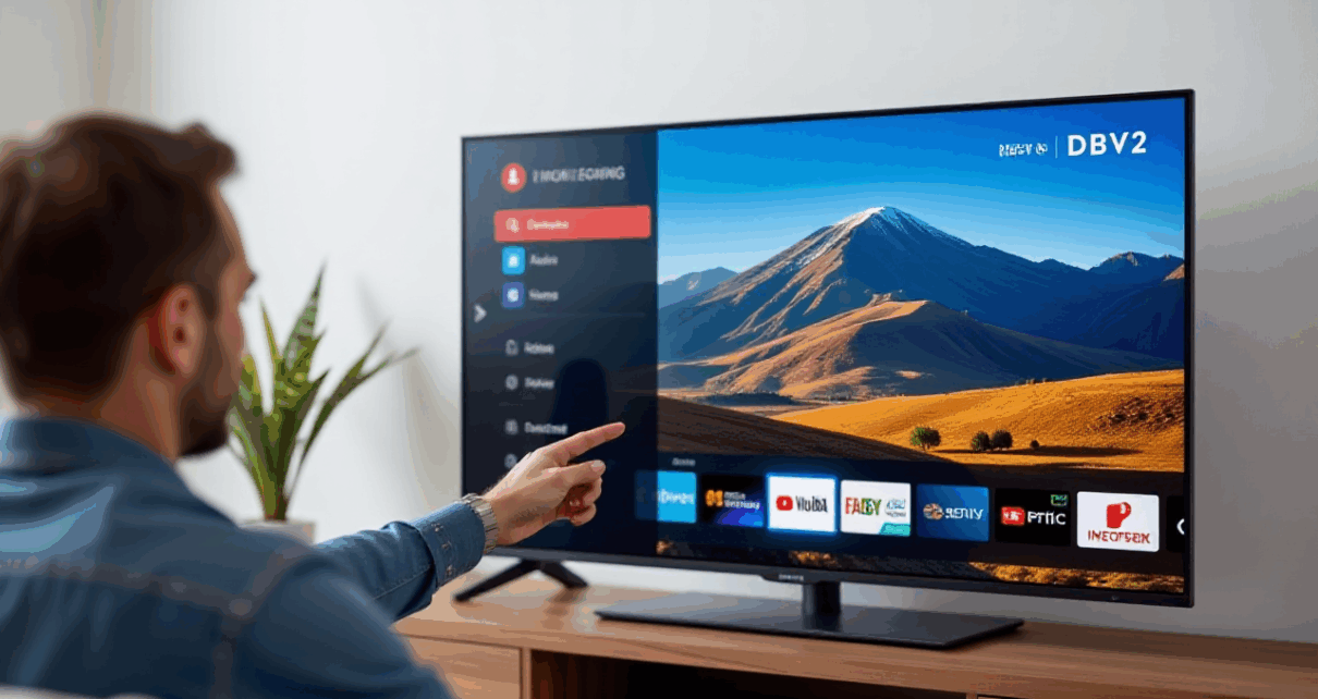 Mężczyzna sprawdza porty telewizora i menu, upewniając się, czy jest gotowy na DVB-T2 HEVC.