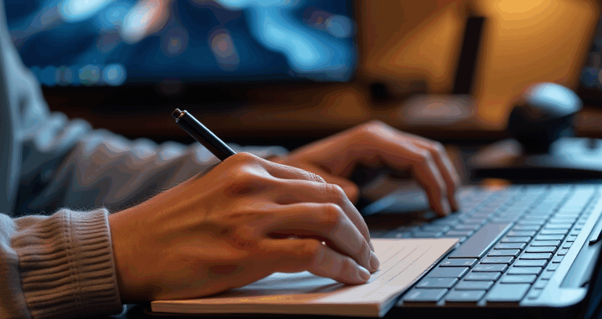 Osoba pisząca recenzję filmu na laptopie, z kubkiem kawy, w kinowej atmosferze.