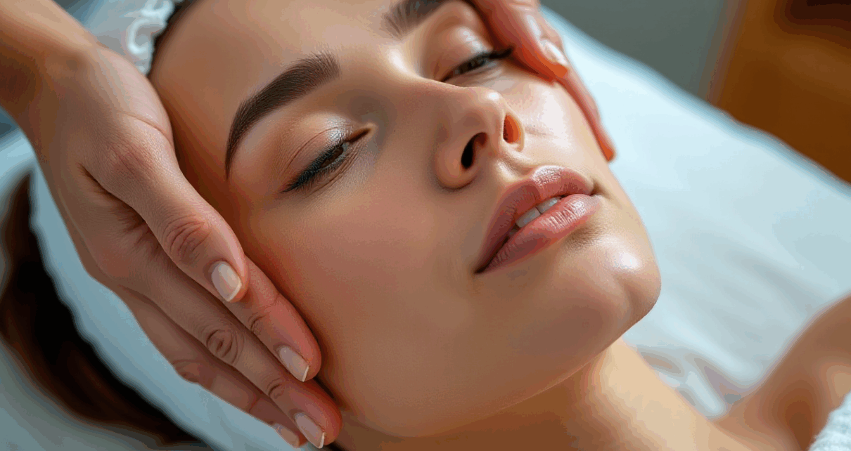 Kobieta otrzymująca odmładzający masaż Kobido twarzy, wygładzający skórę i redukujący zmarszczki.