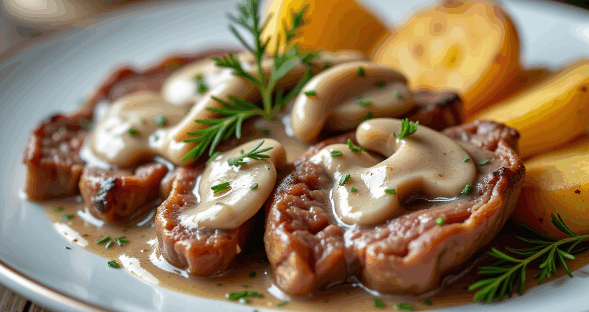 Gotowe bryzole wołowe na talerzu z sosem, ziemniakami oraz świeżą, kolorową surówką.