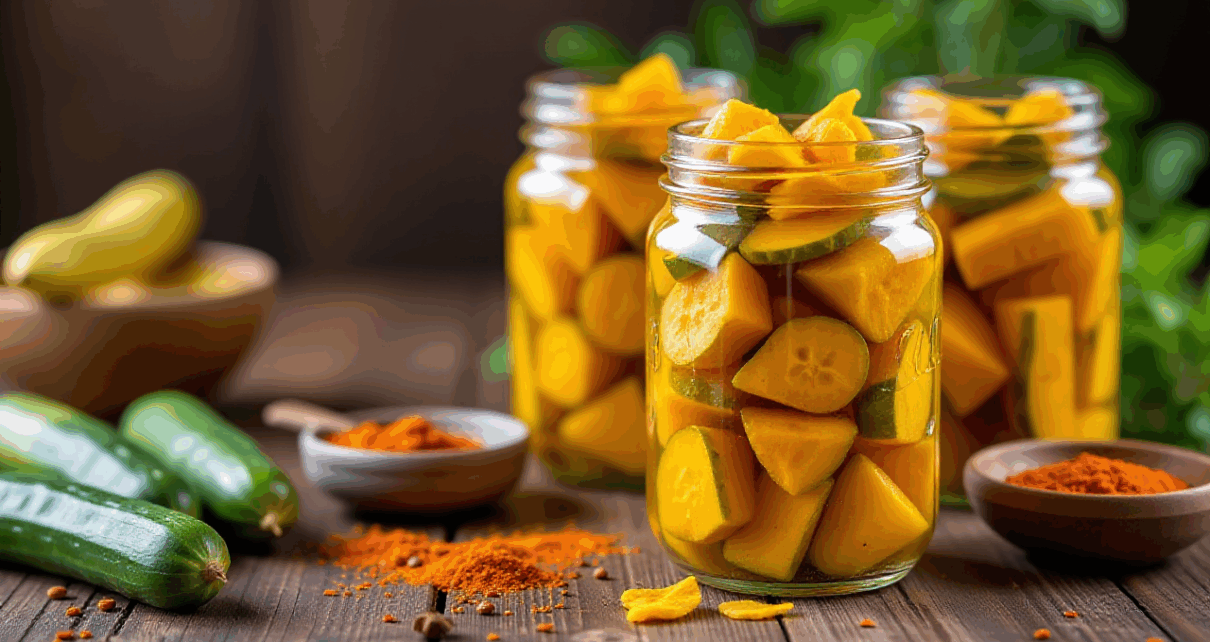 Przepis Ogórki po Królewsku na Zimę: Chrupiące Przetwory z Kurkumą Krok po Kroku | Domowe Ogórki Słodko-Kwaśne 1 Chrupiące ogórki po królewsku z kurkumą w słoikach, gotowe na zimę.
