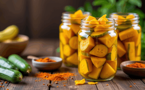 Chrupiące ogórki po królewsku z kurkumą w słoikach, gotowe na zimę.