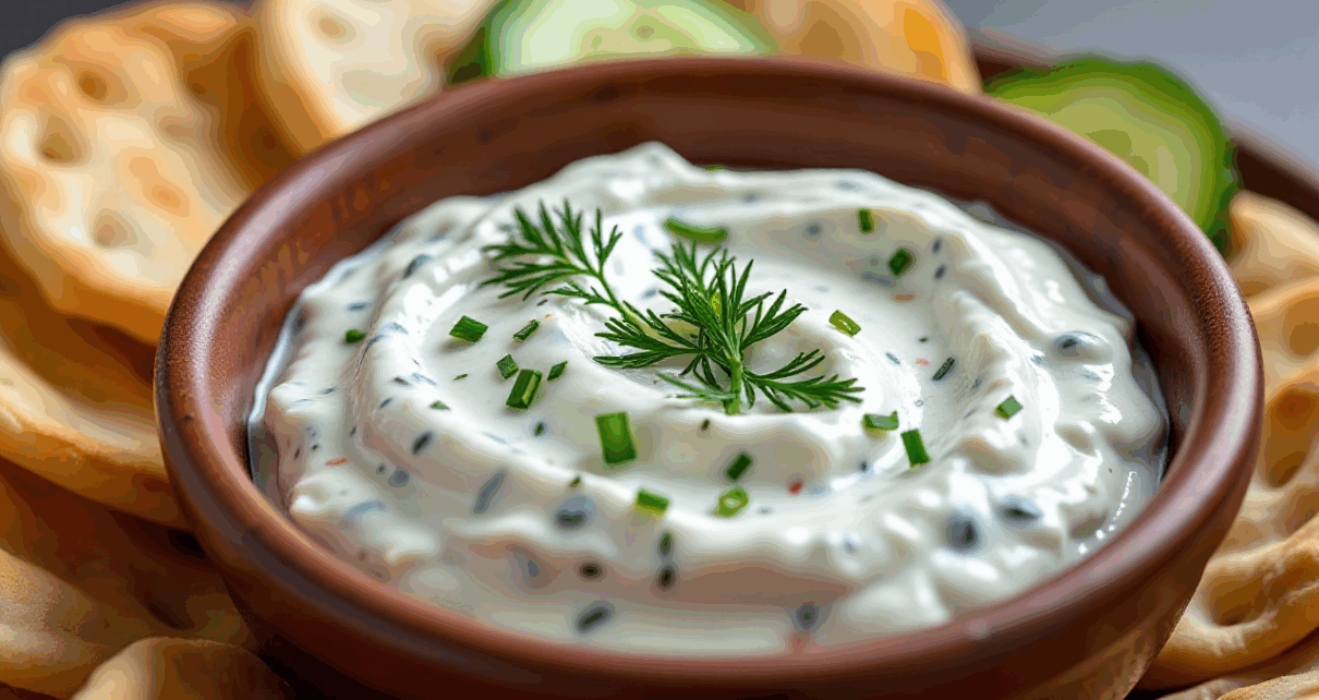 Świeży grecki sos tzatziki z ogórkiem, czosnkiem i jogurtem, udekorowany koperkiem.