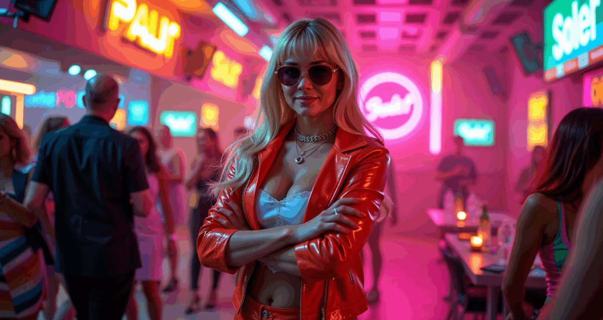 Kobieta i mężczyzna w żywych strojach z lat 80. na imprezę taneczną. Bufiaste ramiona, legginsy, neonowe dodatki.