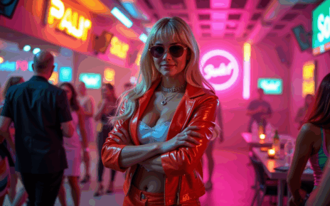 Kobieta i mężczyzna w żywych strojach z lat 80. na imprezę taneczną. Bufiaste ramiona, legginsy, neonowe dodatki.