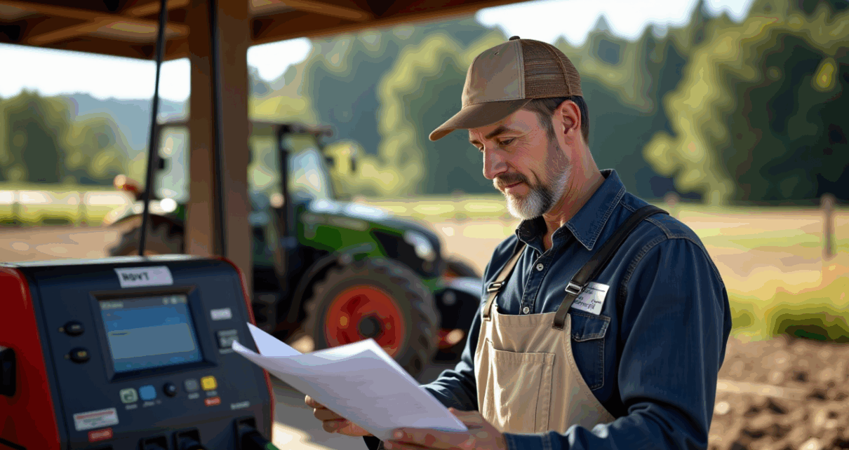 Rolnik wypełniający formularz wniosku o zwrot akcyzy 2024 za paliwo rolnicze, symbolizujący proces odzyskiwania środków.