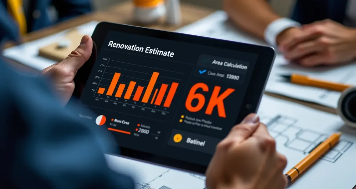 Nowoczesny kalkulator powierzchni m2, z cyfrowym wyświetlaczem, do szybkich obliczeń budowlanych i remontowych.