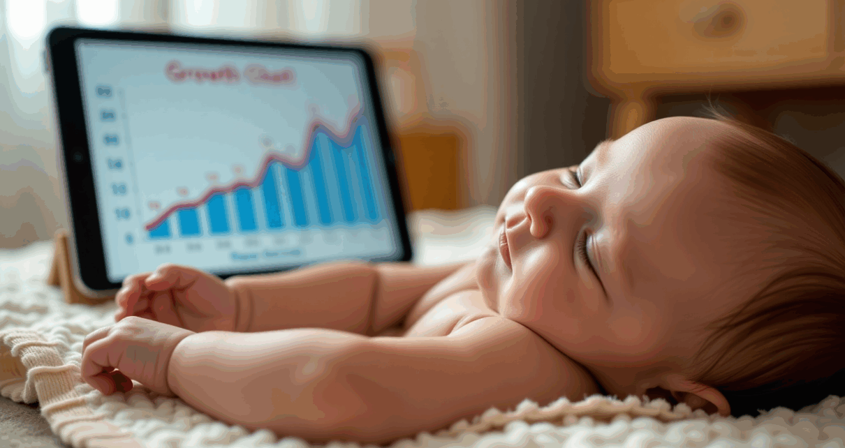 Uśmiechnięte dziecko na tle komputera wyświetlającego kalkulator siatek centylowych do oceny rozwoju.