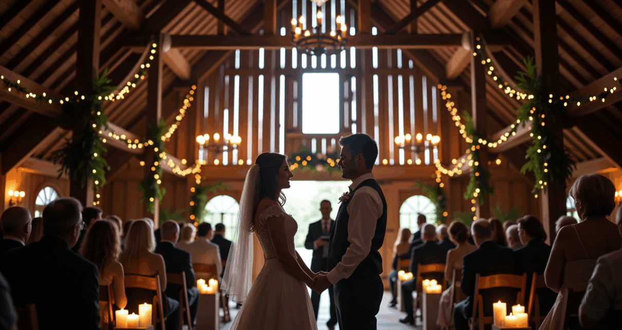 Uroczo udekorowana stodoła na wesele z parą młodą tańczącą wśród gości, romantyczne światła