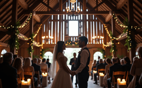 Uroczo udekorowana stodoła na wesele z parą młodą tańczącą wśród gości, romantyczne światła