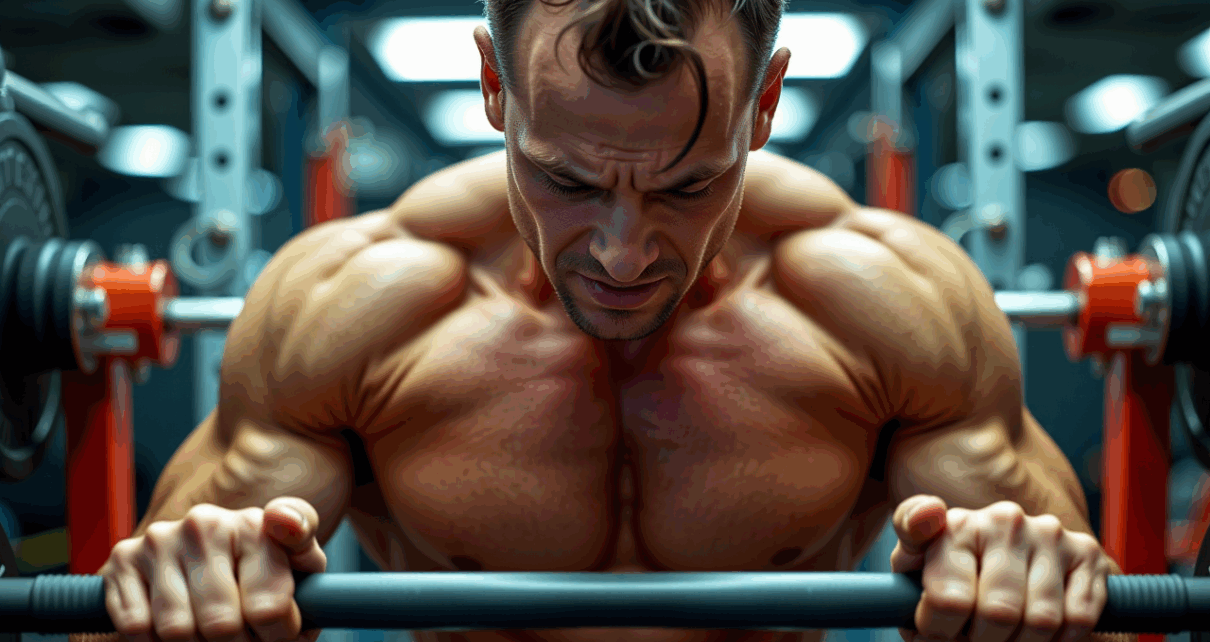 Mężczyzna trenujący bench press, używający kalkulatora wyciskania sztangi 1RM do oceny siły.