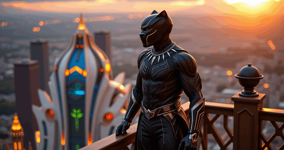 T'Challa jako Black Panther w ikonicznym kostiumie, symbolizujący siłę i dziedzictwo Wakandy.