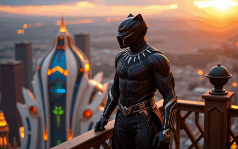 T'Challa jako Black Panther w ikonicznym kostiumie, symbolizujący siłę i dziedzictwo Wakandy.
