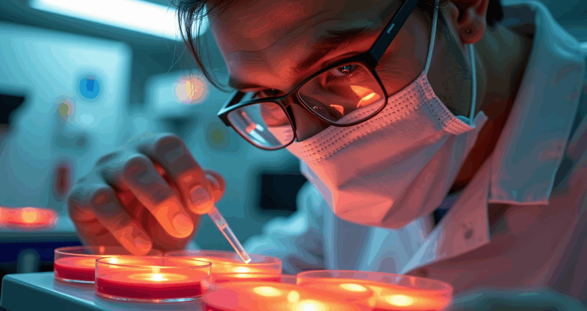 Laboratorium medyczne z probówkami, mikroskopem oraz schematem procesu, ilustrujące posiewy krwi interpretacja wyników.