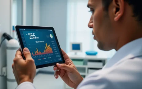 Interfejs kalkulatora ciśnienia krwi online pokazujący normy wieku oraz interpretację wyników pomiaru.