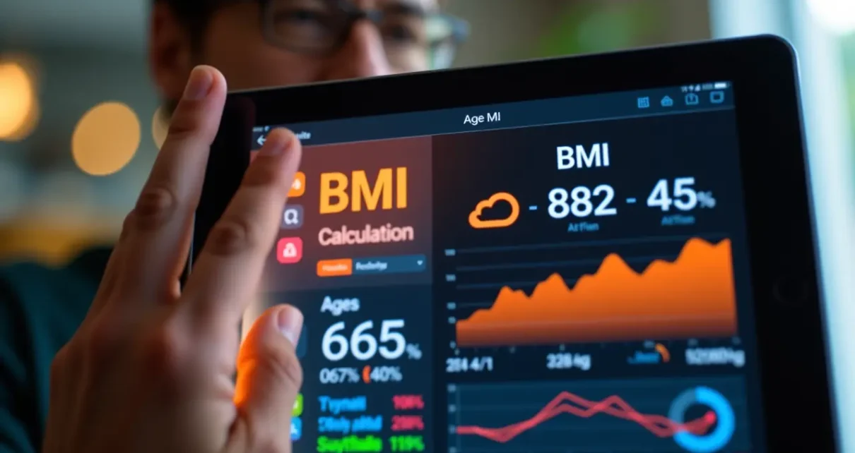 Interaktywny kalkulator BMI i wiek wyświetlający wyniki, pomagający zrozumieć wskaźnik masy ciała.
