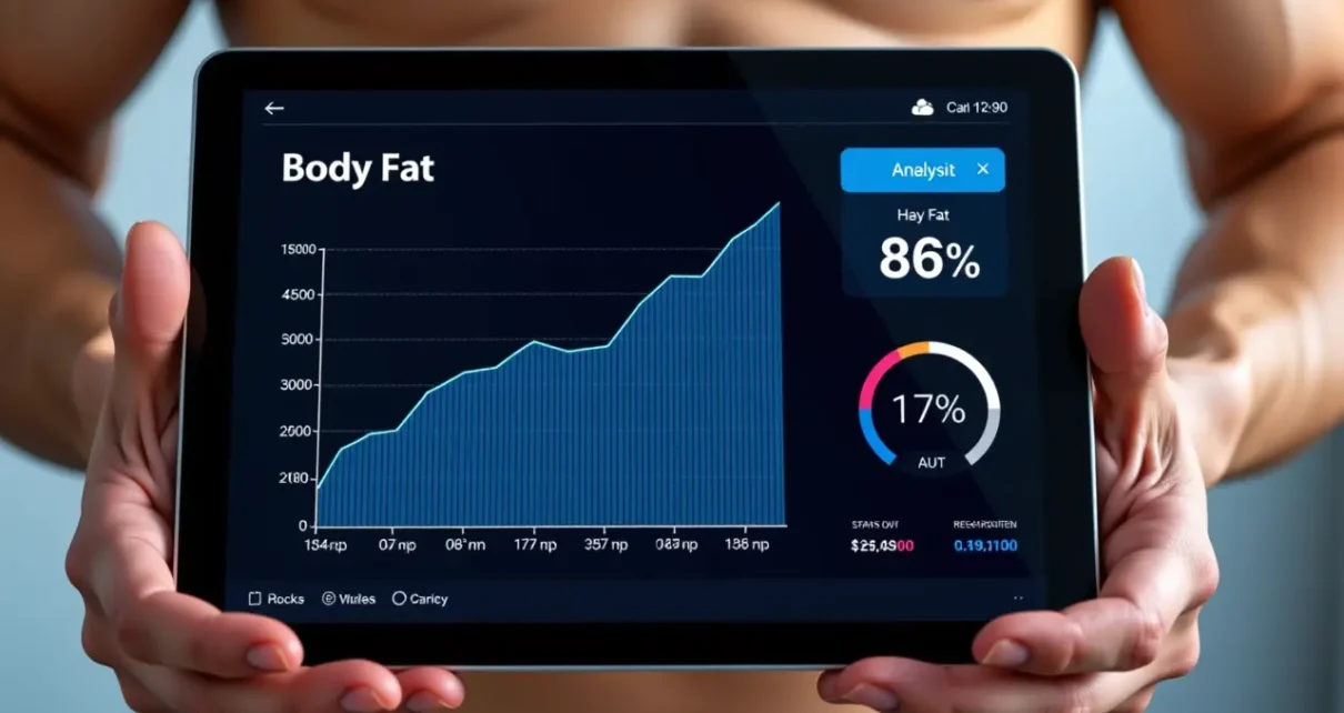 Mężczyzna obliczający procent tkanki tłuszczowej online, używając kalkulatora na laptopie.