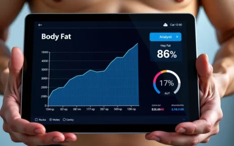 Mężczyzna obliczający procent tkanki tłuszczowej online, używając kalkulatora na laptopie.