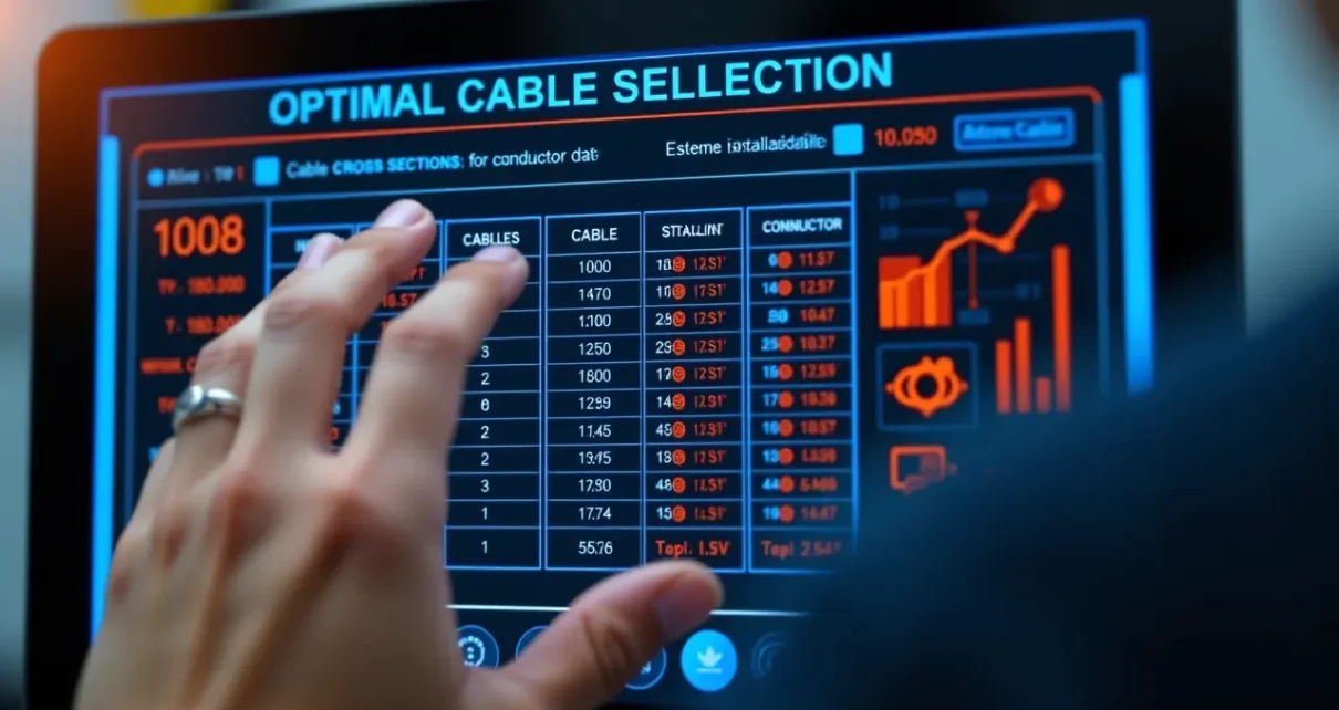Interfejs cyfrowy kalkulatora przekroju kabla, pomagający dobrać optymalny przewód do instalacji elektrycznej.