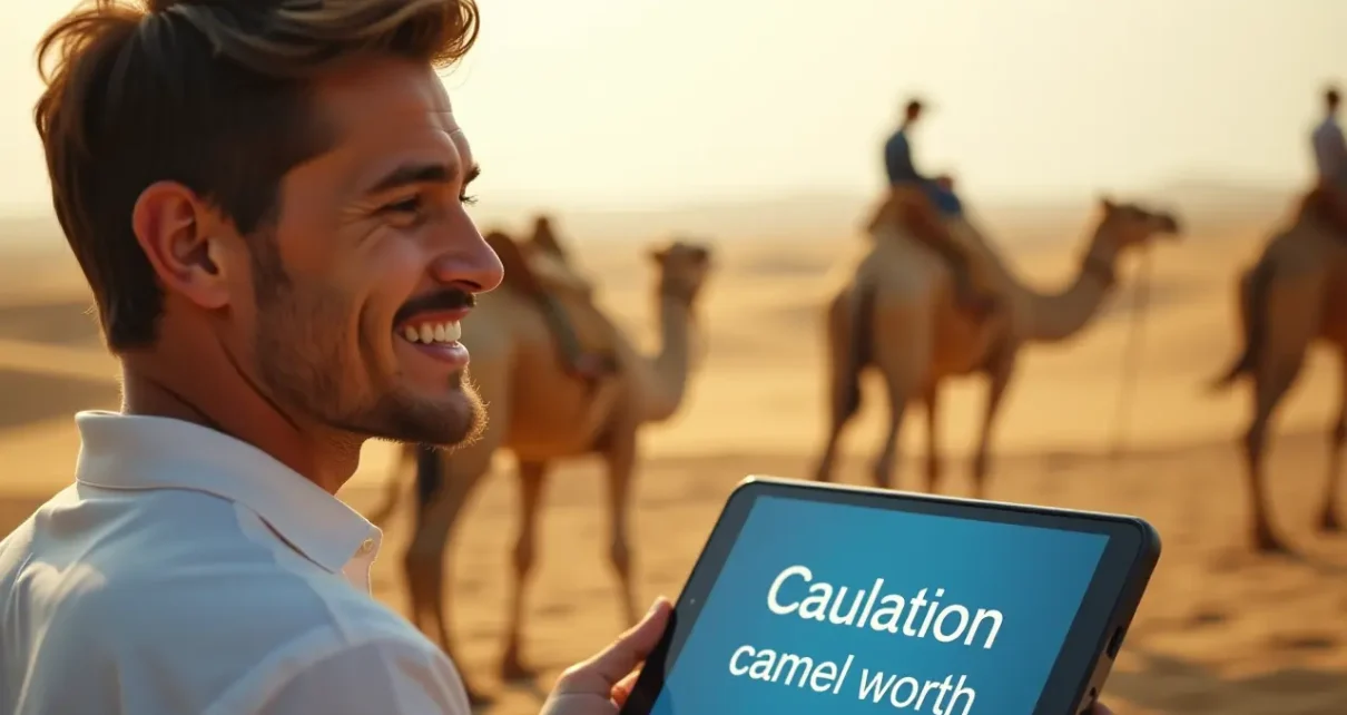 Kalkulator ile jestem warty wielbłądów - Oblicz swój humorystyczny wynik! 1 Szczęśliwa osoba oblicza wartość, używając kalkulator ile jestem warty wielbłądów na ekranie.