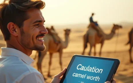 Szczęśliwa osoba oblicza wartość, używając kalkulator ile jestem warty wielbłądów na ekranie.