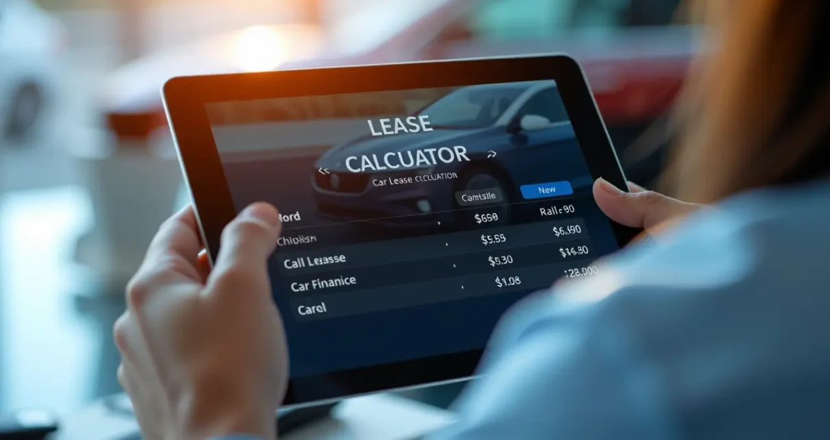 Użytkownik używa leasing konsumencki kalkulator, obliczając raty finansowania samochodu. Nowoczesny interfejs z danymi wejściowymi.