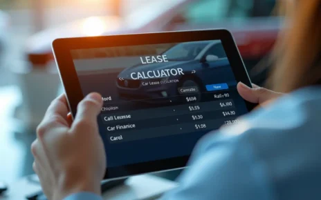 Użytkownik używa leasing konsumencki kalkulator, obliczając raty finansowania samochodu. Nowoczesny interfejs z danymi wejściowymi.