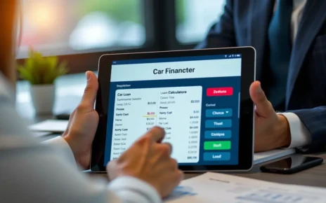 Nowoczesny kalkulator kredytu samochodowego na ekranie komputera, pokazujący symulację raty i całkowity koszt auta.