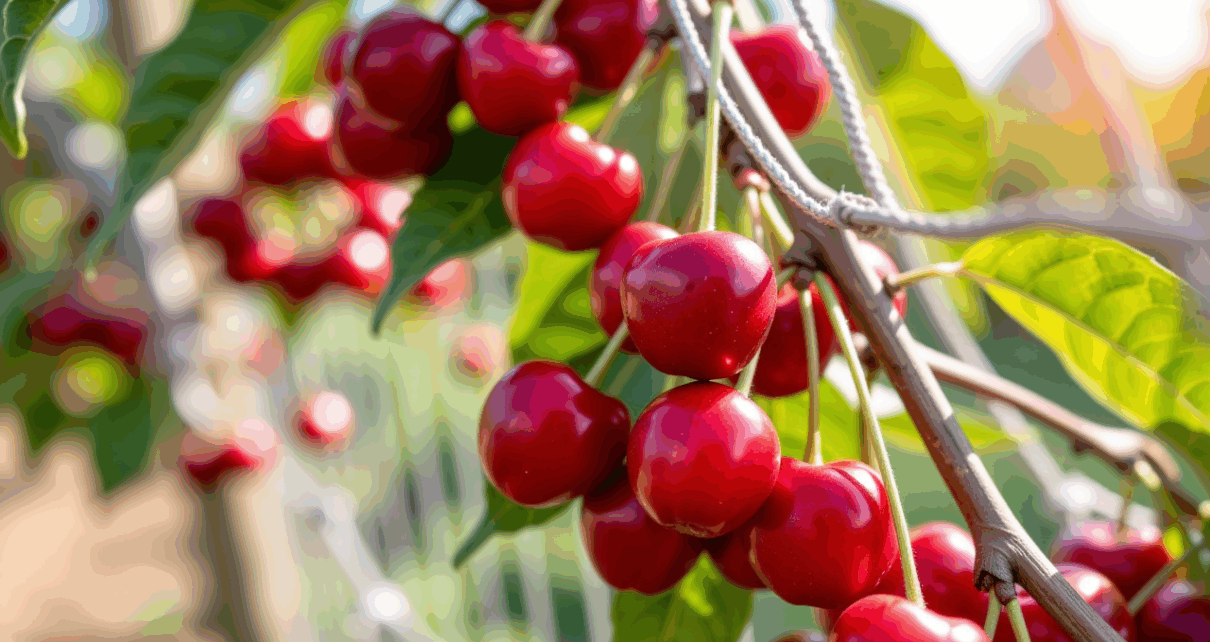Dojrzałe czereśnie na drzewie objęte ochroną przed szkodnikami, takimi jak nasionnica trześniówka.