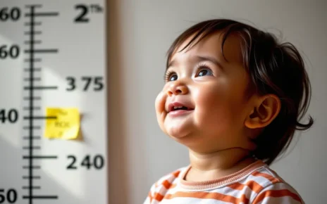 Szczęśliwa rodzina używa kalkulatora wzrostu dziecka, monitorując rozwój fizyczny swojej pociechy online.