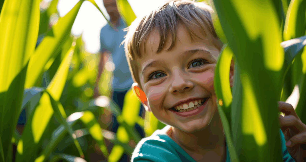 Rodzina radośnie odkrywa ścieżki w zielonym labiryncie kukurydzianym dla dzieci, ciesząc się wspólną przygodą.