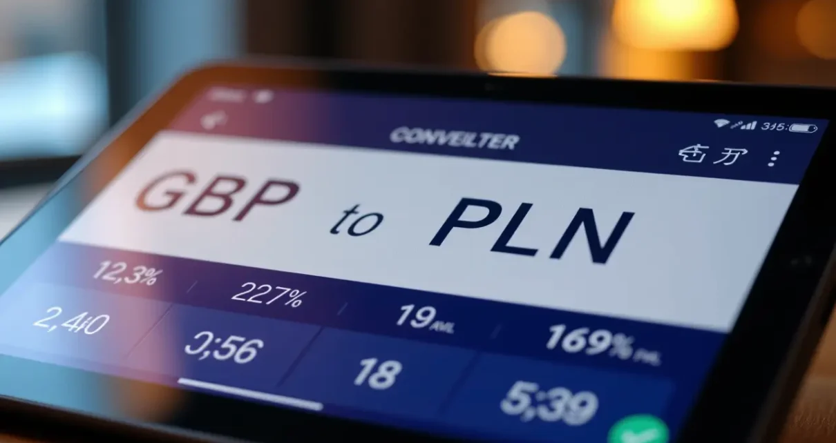 Monitor przedstawiający kalkulator walutowy funt szterling, przeliczający GBP na PLN z aktualnym kursem.