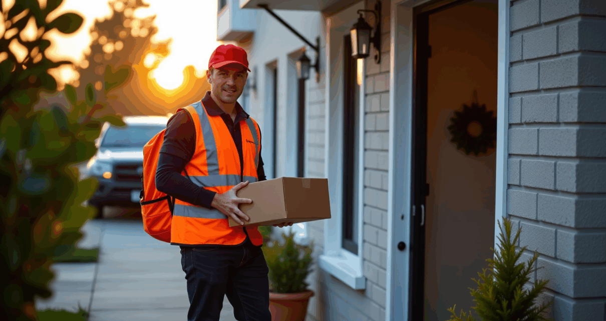 Kurier DPD trzymający paczkę, symbolizujący terminowe dostawy i planowanie przesyłek.