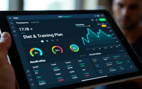 Użytkownik korzysta z cyfrowego interfejsu Fabryka Siły kalkulator, planując dietę i trening.