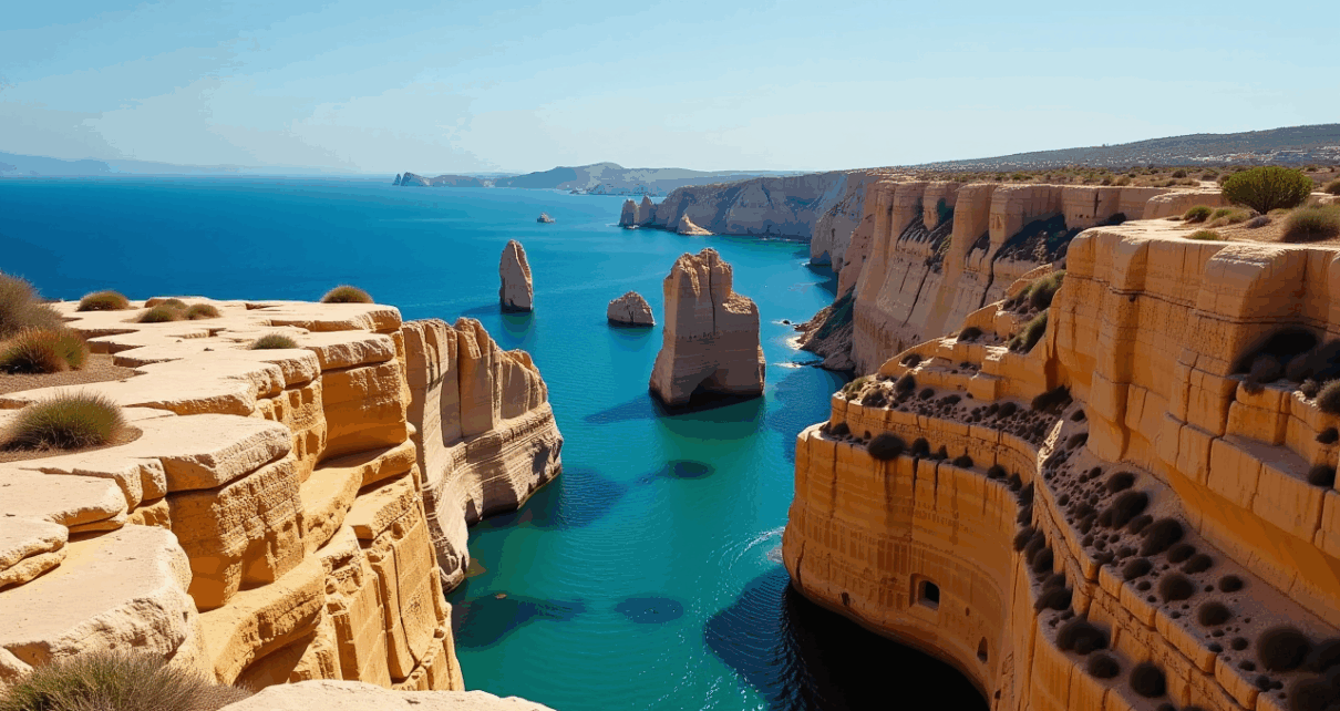 Dingli Cliffs Malta: Przewodnik po Najwyższych Klifach 1 Majestatyczne Dingli Cliffs Malta z widokiem na błękitne Morze Śródziemne o zachodzie słońca.