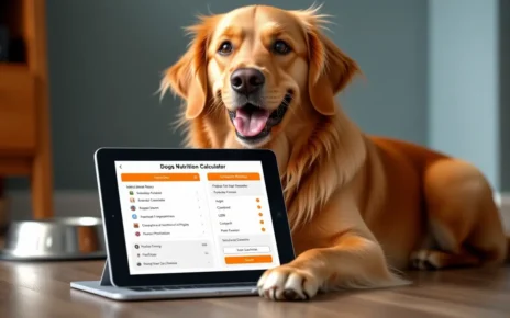 Pies obok ekranu komputera, na którym widać kalkulator, ile powinien jeść pies kalkulator.