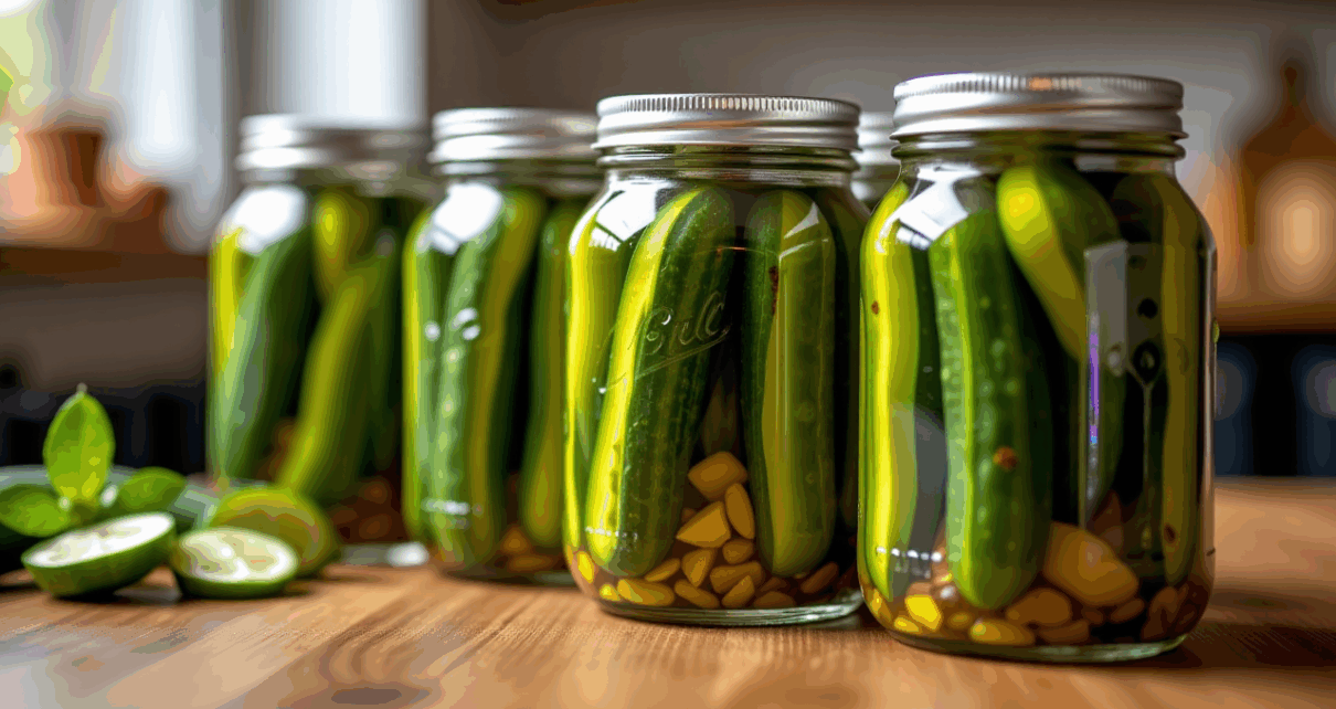 Słoiki z ogórkami kiszonymi ułożone na półce, gotowe do zimowego przechowywania w spiżarni.