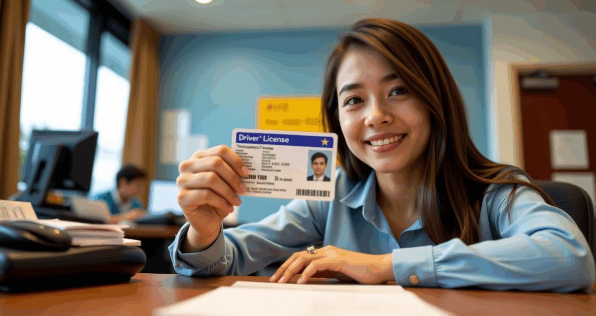 Wymiana Prawa Jazdy po Zmianie Nazwiska po Ślubie: Kompletny Przewodnik 1 Uśmiechnięta kobieta z nowym prawem jazdy po wymianie dokumentu po zmianie nazwiska po ślubie.