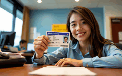 Uśmiechnięta kobieta z nowym prawem jazdy po wymianie dokumentu po zmianie nazwiska po ślubie.