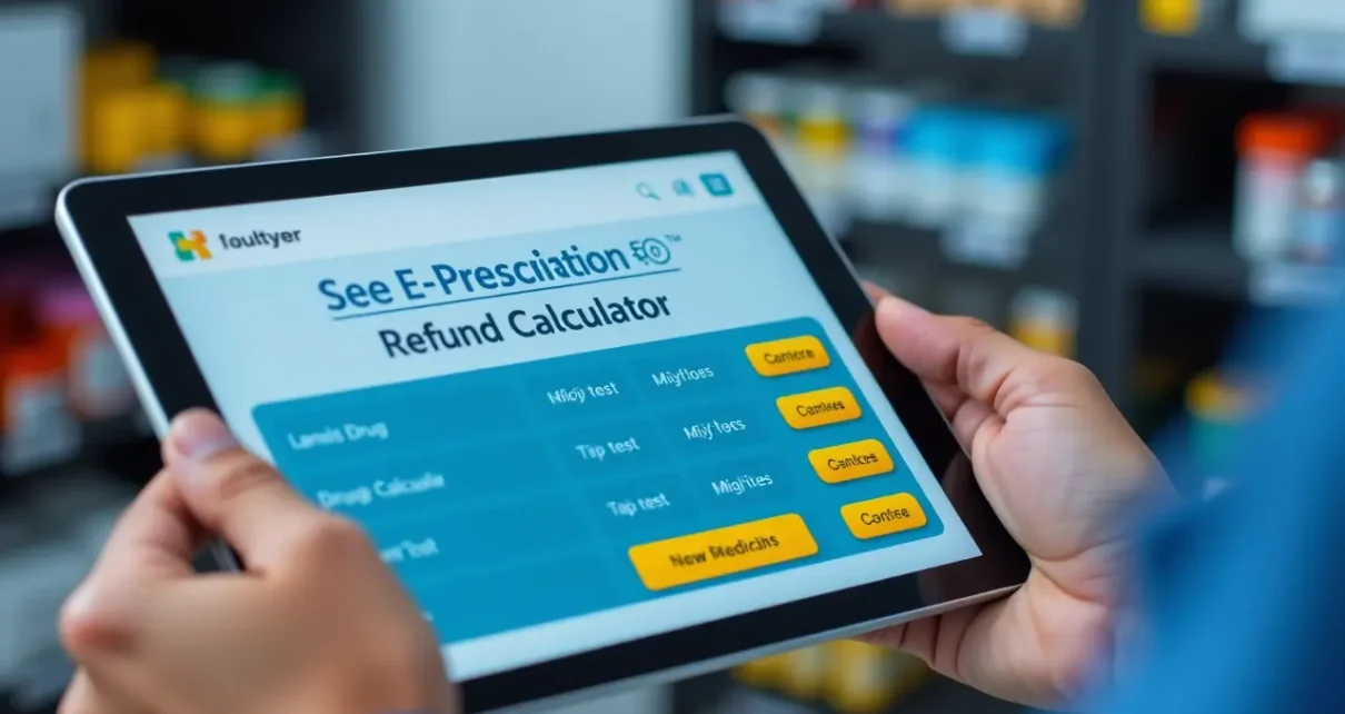 Użytkownik korzysta z cyfrowego kalkulatora refundacji leków e-recepta, aby sprawdzić koszty.