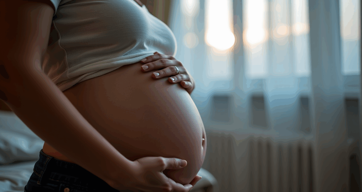 Kobieta w ciąży korzysta z laptopa, aby obliczyć swój kalkulator terminu porodu online.