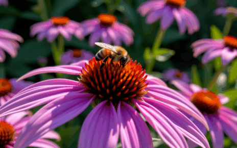 Piękne, różowe kwiaty jeżówki (Echinacea) w pełnym rozkwicie w ogrodzie, przyciągające owady.