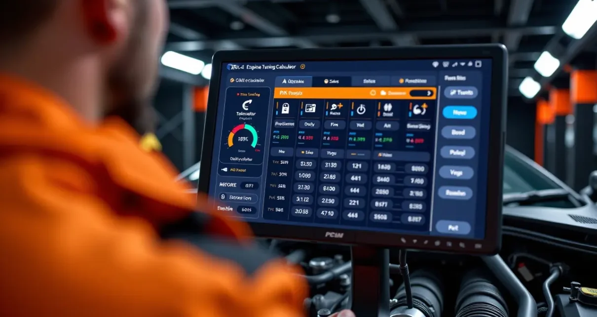Ekran komputera z interfejsem kalkulator strojenia PCM do optymalizacji silnika i tuningu ECU.