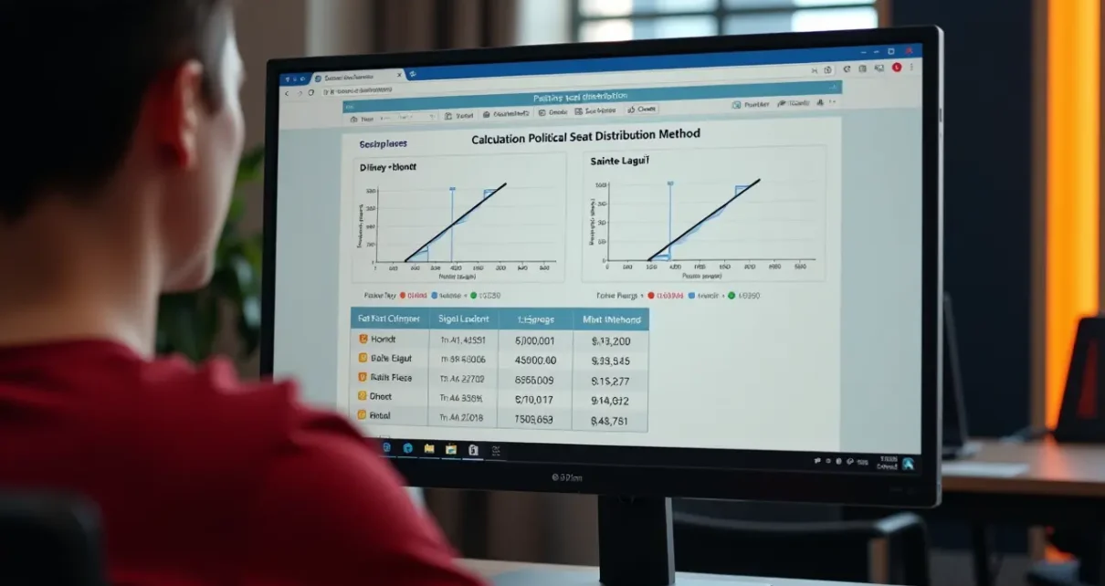 Automatyczny Kalkulator Podziału Mandatów Wyborczych Online: D'Hondt i Sainte-Laguë 5 Ekran komputera pokazujący automatyczny kalkulator podziału mandatów wyborczych metodami D'Hondta i Sainte-Laguë.