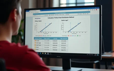 Automatyczny Kalkulator Podziału Mandatów Wyborczych Online: D'Hondt i Sainte-Laguë 2 Ekran komputera pokazujący automatyczny kalkulator podziału mandatów wyborczych metodami D'Hondta i Sainte-Laguë.