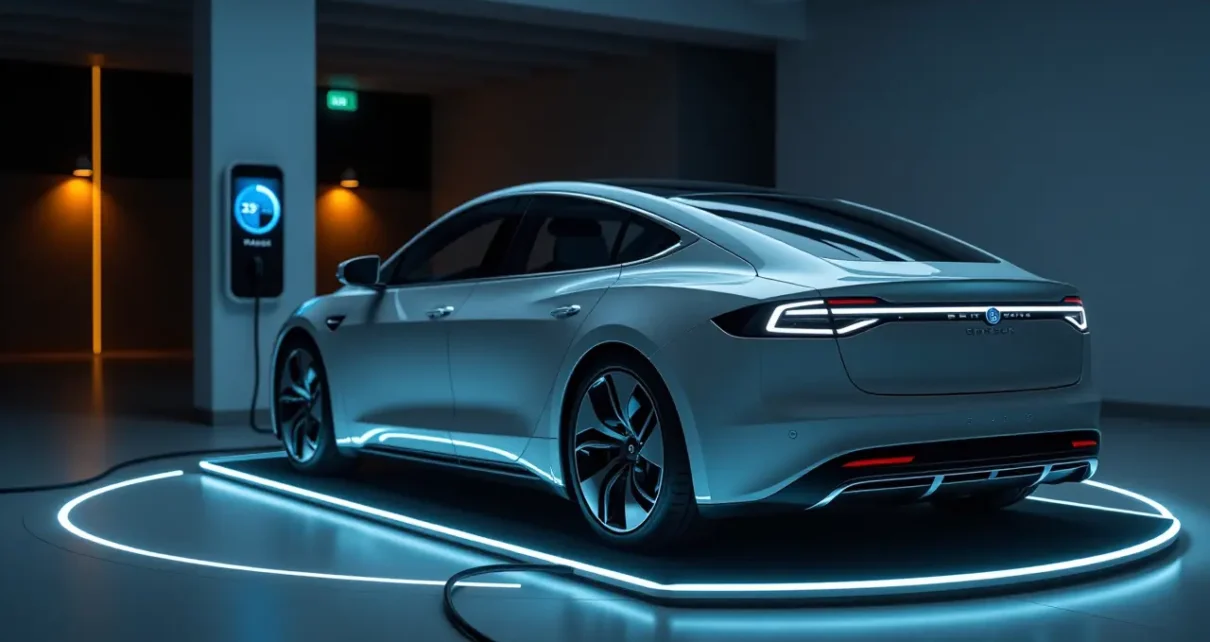 Interaktywny kalkulator zasięgu kWh na km, wyświetlający przewidywaną odległość samochodu elektrycznego.