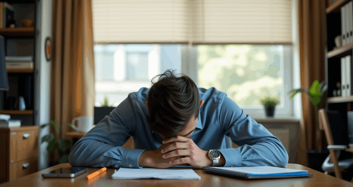 Kobieta ze stresem zastanawia się nad prawami związanymi z wypowiedzeniem umowy o pracę podczas zwolnienia psychiatrycznego L4.