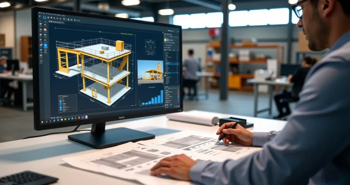 Inżynier używa kalkulatora wytrzymałości fabrycznej do analizy naprężeń materiałów, planując nowe projekty.