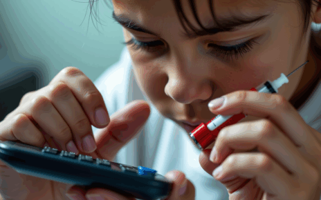 Kalkulator Syropu Przeciwgorączkowego dla Dziecka – Bezpieczne Obliczanie Dawki 1 Rodzic oblicza dawkę syropu za pomocą kalkulatora syropu przeciwgorączkowego, dbając o bezpieczeństwo dziecka.